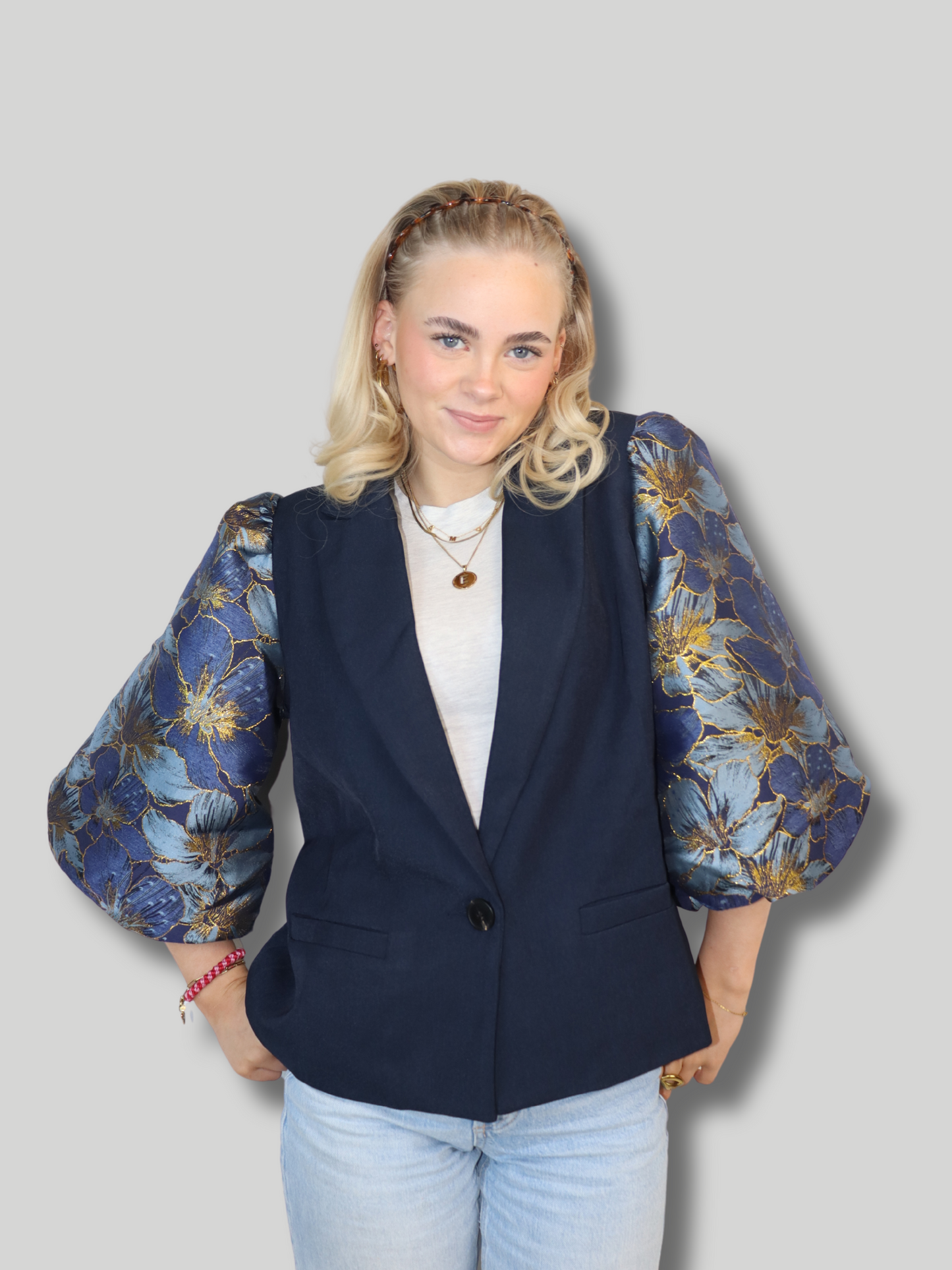 puff sleeve blazer blooming blue